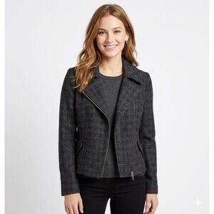 Halogen Wool Blend Tweed Moto Jacket Blazer Gray Size Medium EUC Asymmetrical
